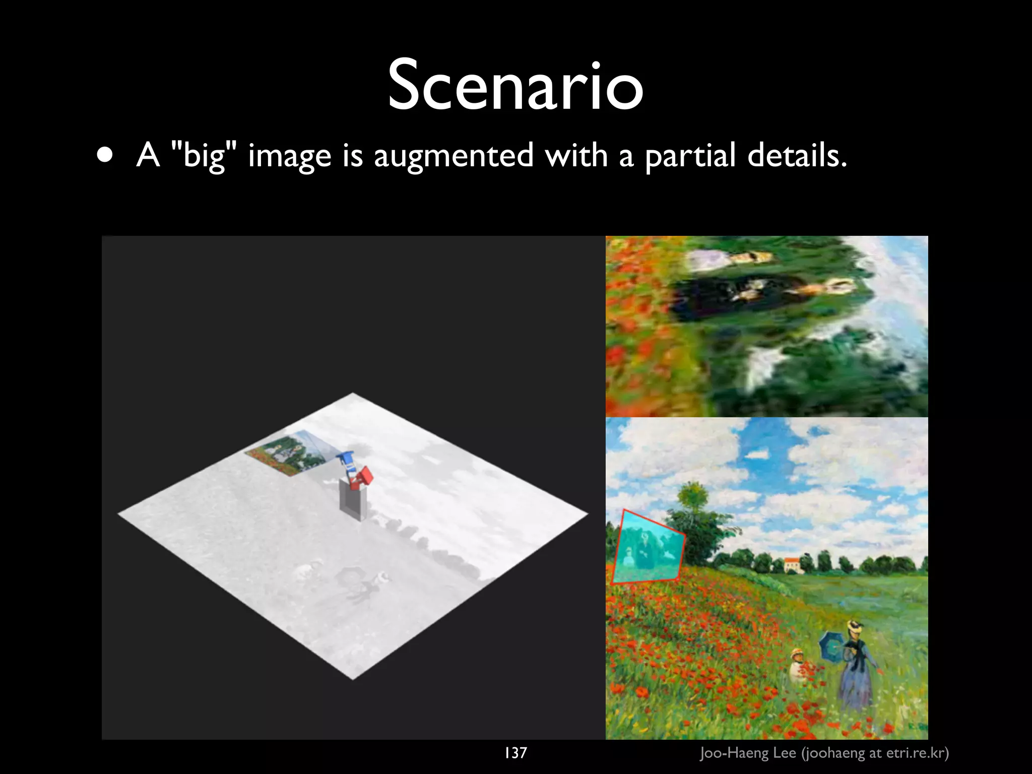 •

Scenario
A big image is augmented with a partial details.

137

Joo-Haeng Lee (joohaeng at etri.re.kr)

 