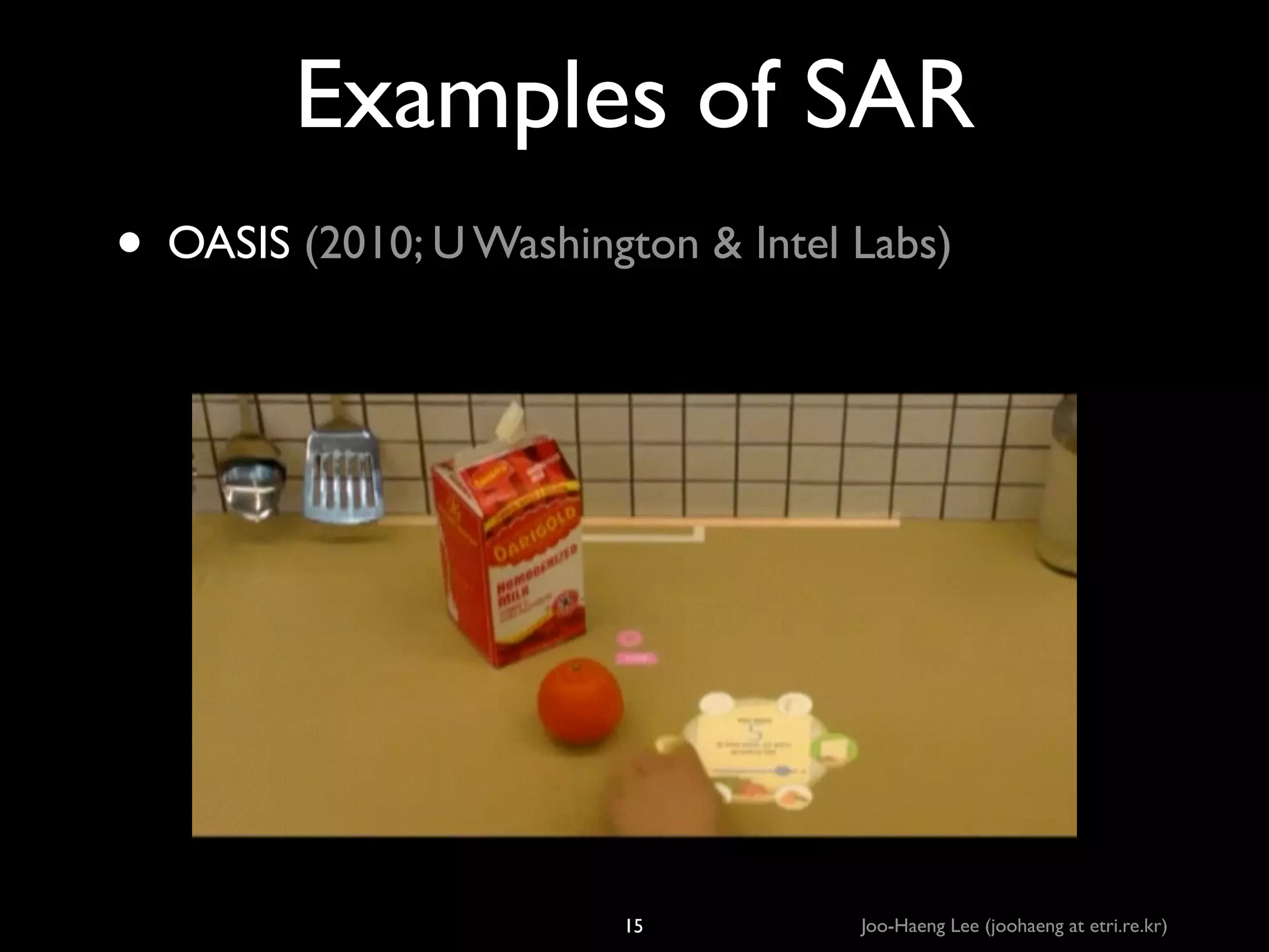 Examples of SAR
• OASIS (2010; U Washington  Intel Labs)

15

Joo-Haeng Lee (joohaeng at etri.re.kr)

 