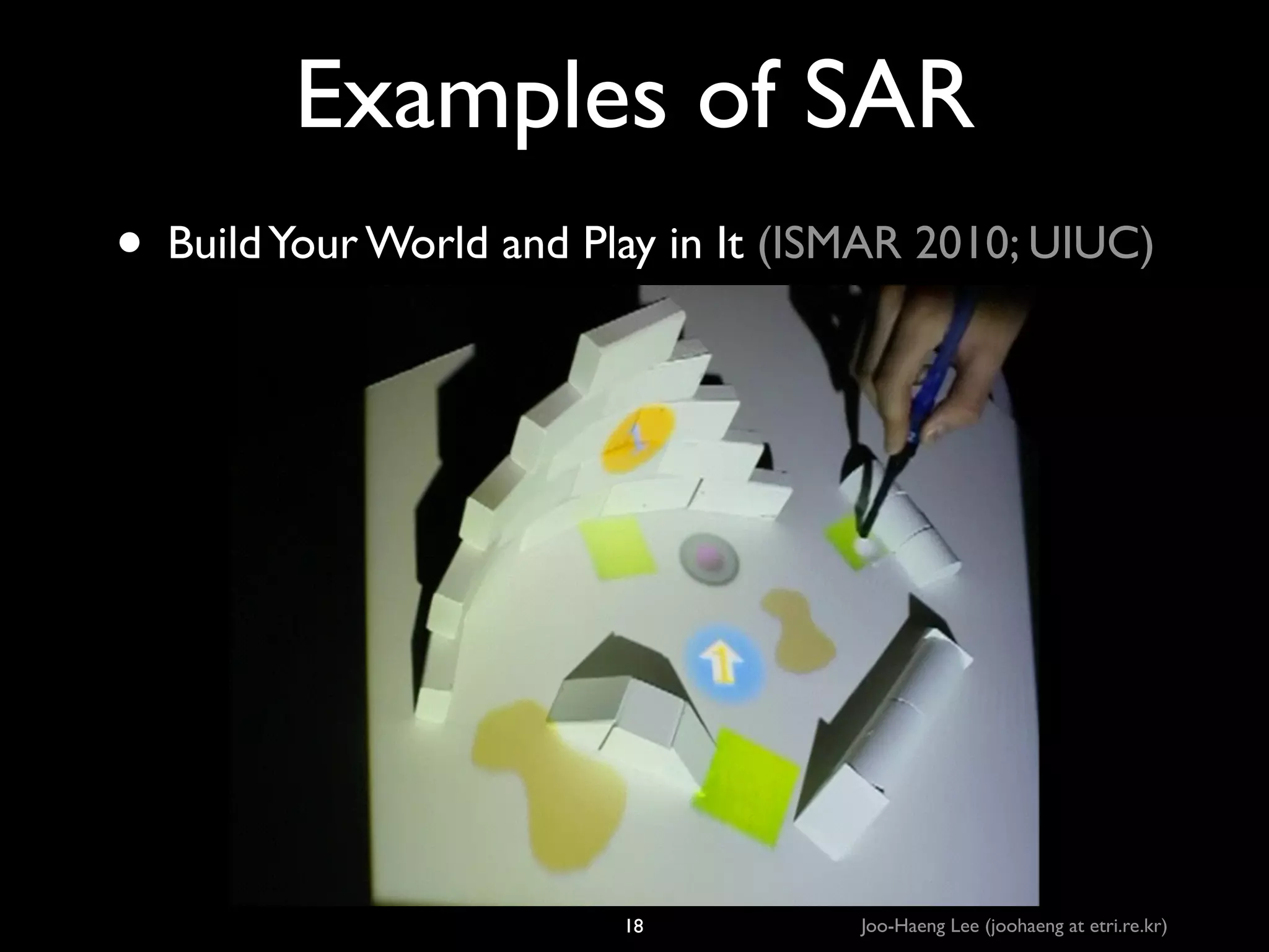 Examples of SAR
• Build Your World and Play in It (ISMAR 2010; UIUC)

18

Joo-Haeng Lee (joohaeng at etri.re.kr)

 