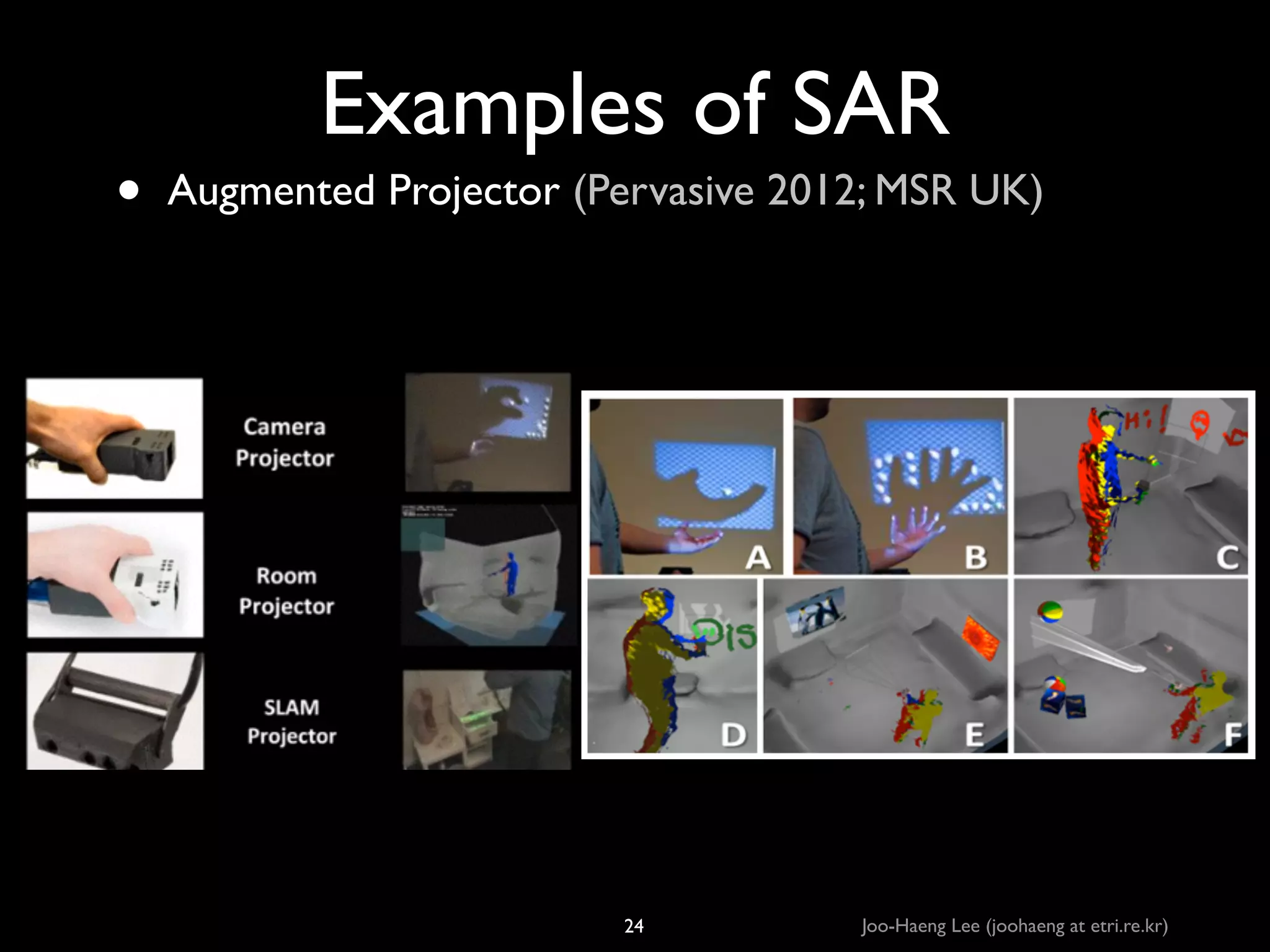 •

Examples of SAR
Augmented Projector (Pervasive 2012; MSR UK)

24

Joo-Haeng Lee (joohaeng at etri.re.kr)

 