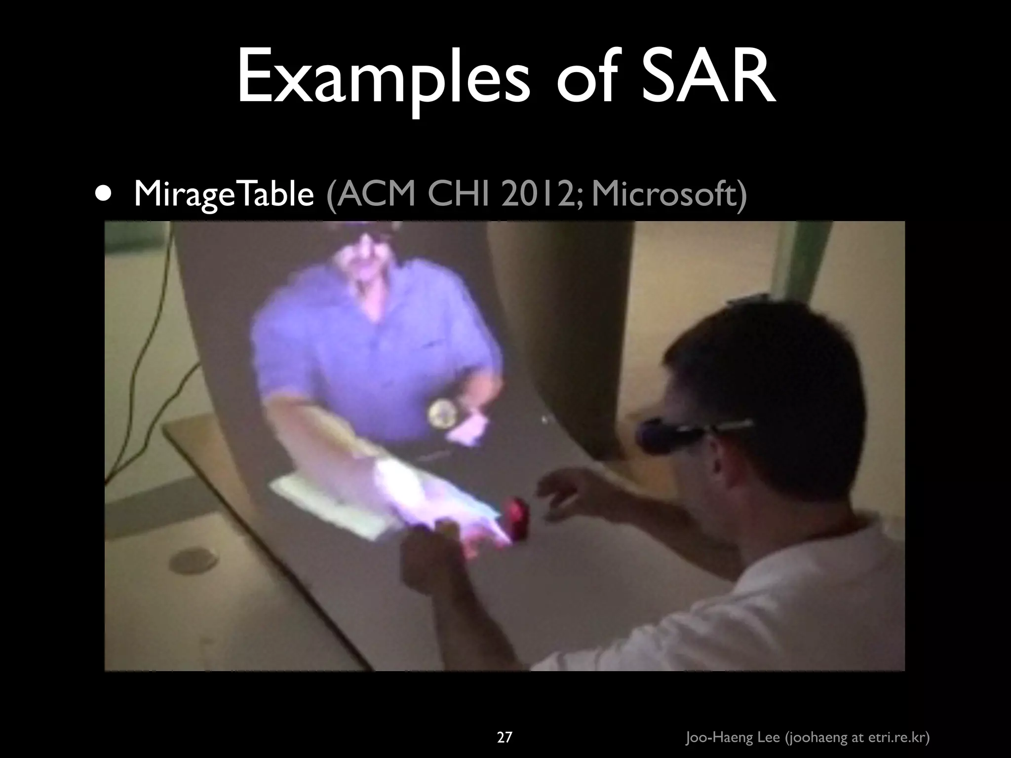 Examples of SAR
• MirageTable (ACM CHI 2012; Microsoft)

27

Joo-Haeng Lee (joohaeng at etri.re.kr)

 