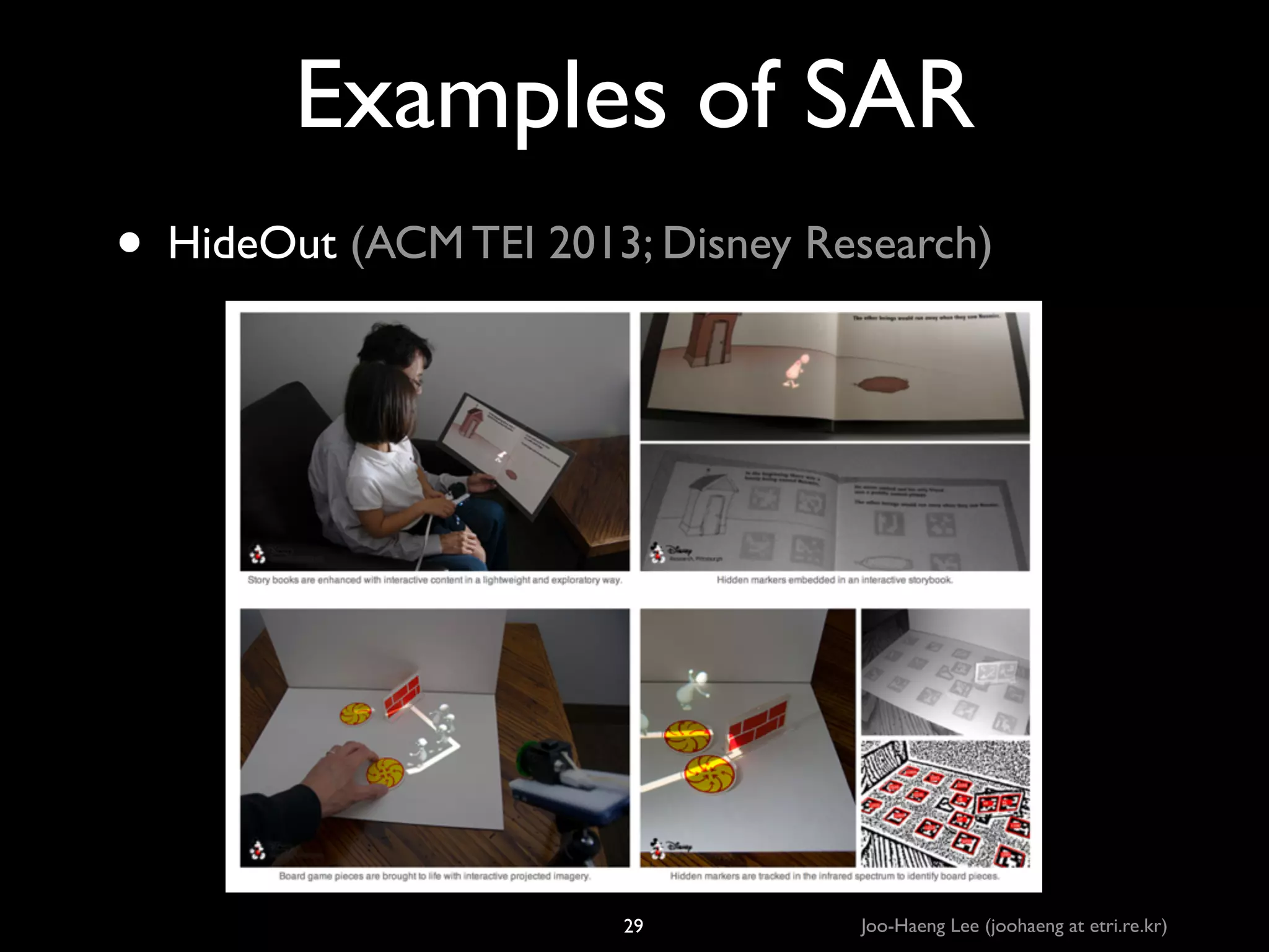 Examples of SAR
• HideOut (ACM TEI 2013; Disney Research)

29

Joo-Haeng Lee (joohaeng at etri.re.kr)

 