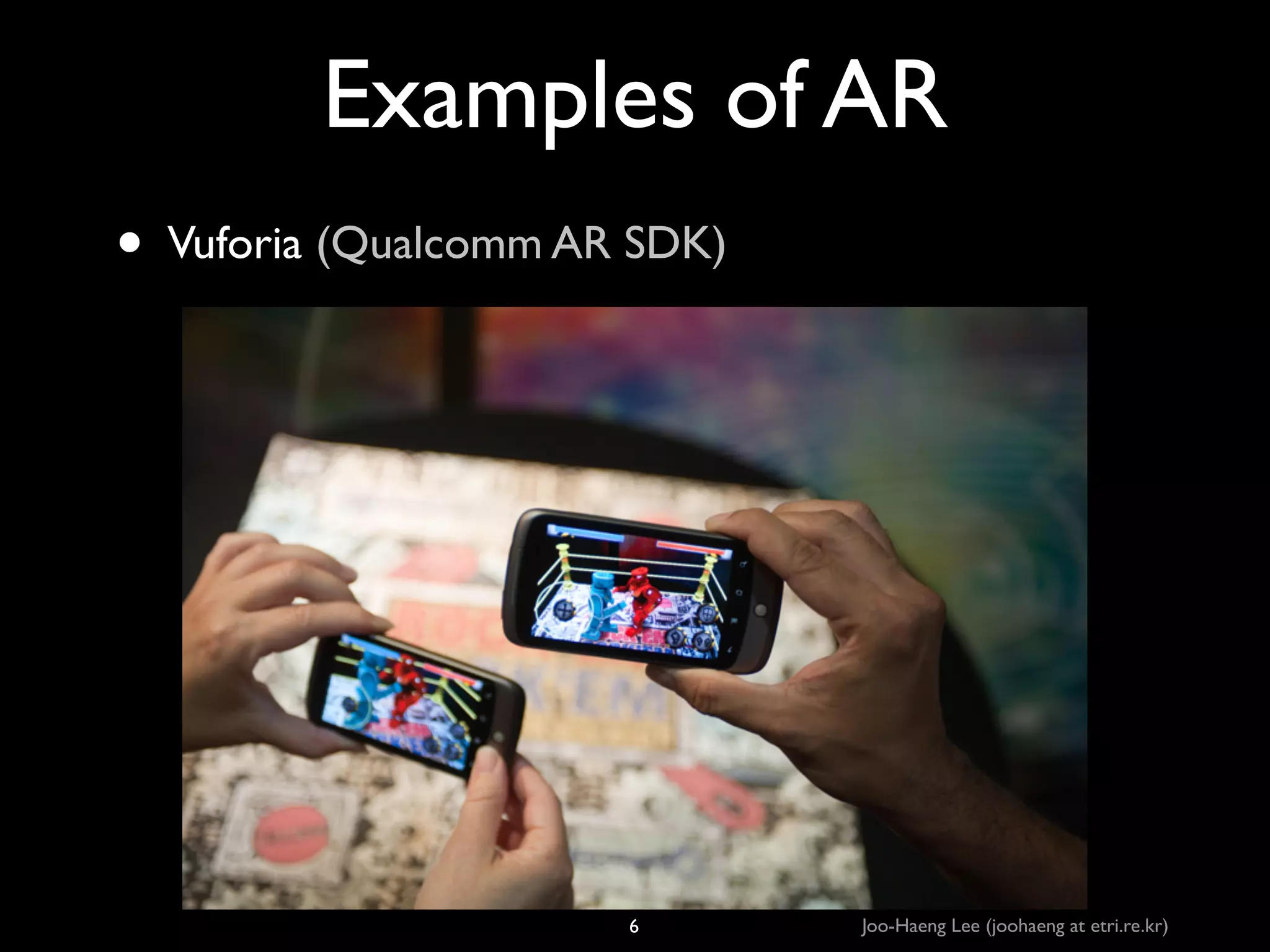 Examples of AR
• Vuforia (Qualcomm AR SDK)

6

Joo-Haeng Lee (joohaeng at etri.re.kr)

 