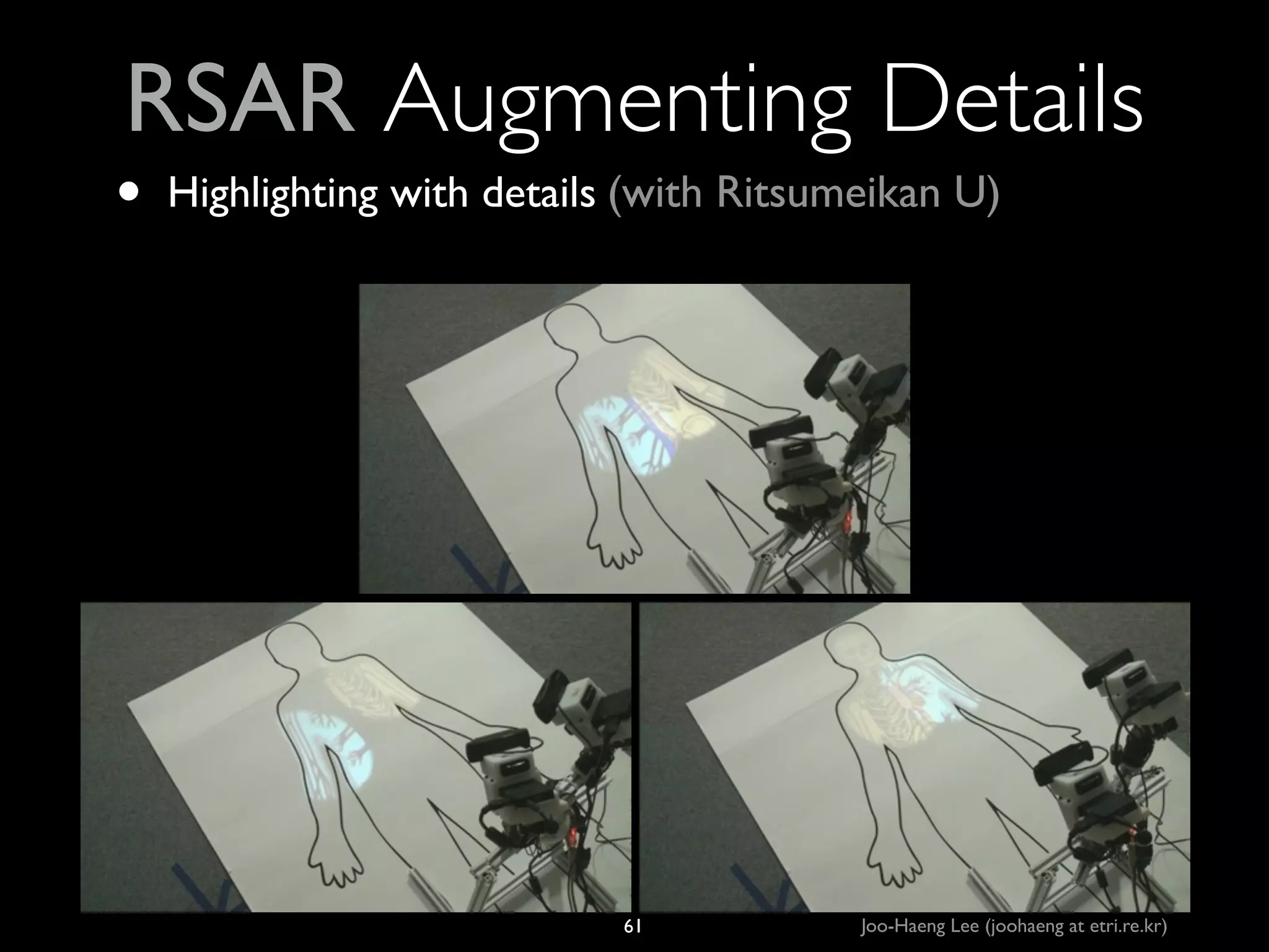 RSAR Augmenting Details

•

Highlighting with details (with Ritsumeikan U)

61

Joo-Haeng Lee (joohaeng at etri.re.kr)

 