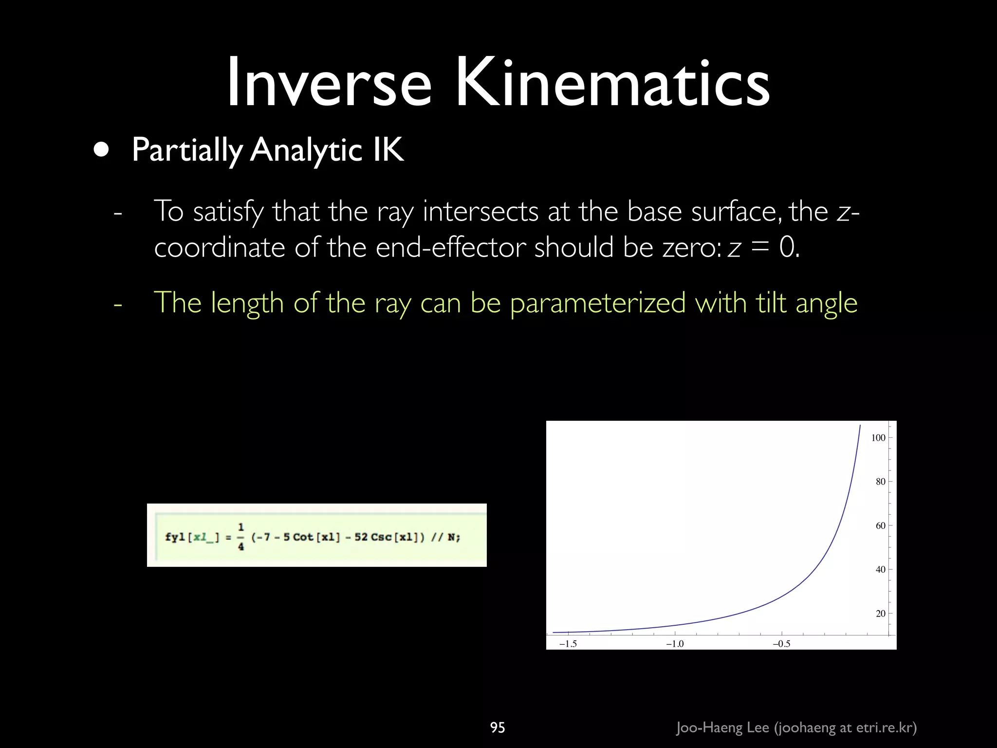 •

Inverse Kinematics
Partially Analytic IK	

- To satisfy that the ray intersects at the base surface, the zcoordinate of the end-effector should be zero: z = 0.	

- The length of the ray can be parameterized with tilt angle

100

80

60

40

20
-1.5

95

-1.0

-0.5

Joo-Haeng Lee (joohaeng at etri.re.kr)

 