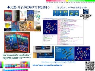 ◆元素・分子が登場する本を読もう！ …「学びなおし 中学・高校化学」ほか
http://www.ecosci.jp/chem13/topics17c.html#01
http://www.newtonpress.co.jp/separate/
back_chemistry/mook_180805-1.html
https://www.newtonpress.co.jp/separat
e/light/light_190625-1.html
http://www.ecosci.jp/scibook/
 