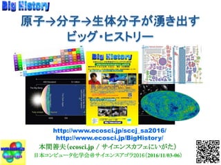 本間善夫（ecosci.jp / サイエンスカフェにいがた）
日本コンピュータ化学会＠サイエンスアゴラ2016（2016/11/03-06）
http://www.ecosci.jp/sccj_sa2016/
http://www.ecosci.jp/BigHistory/
 