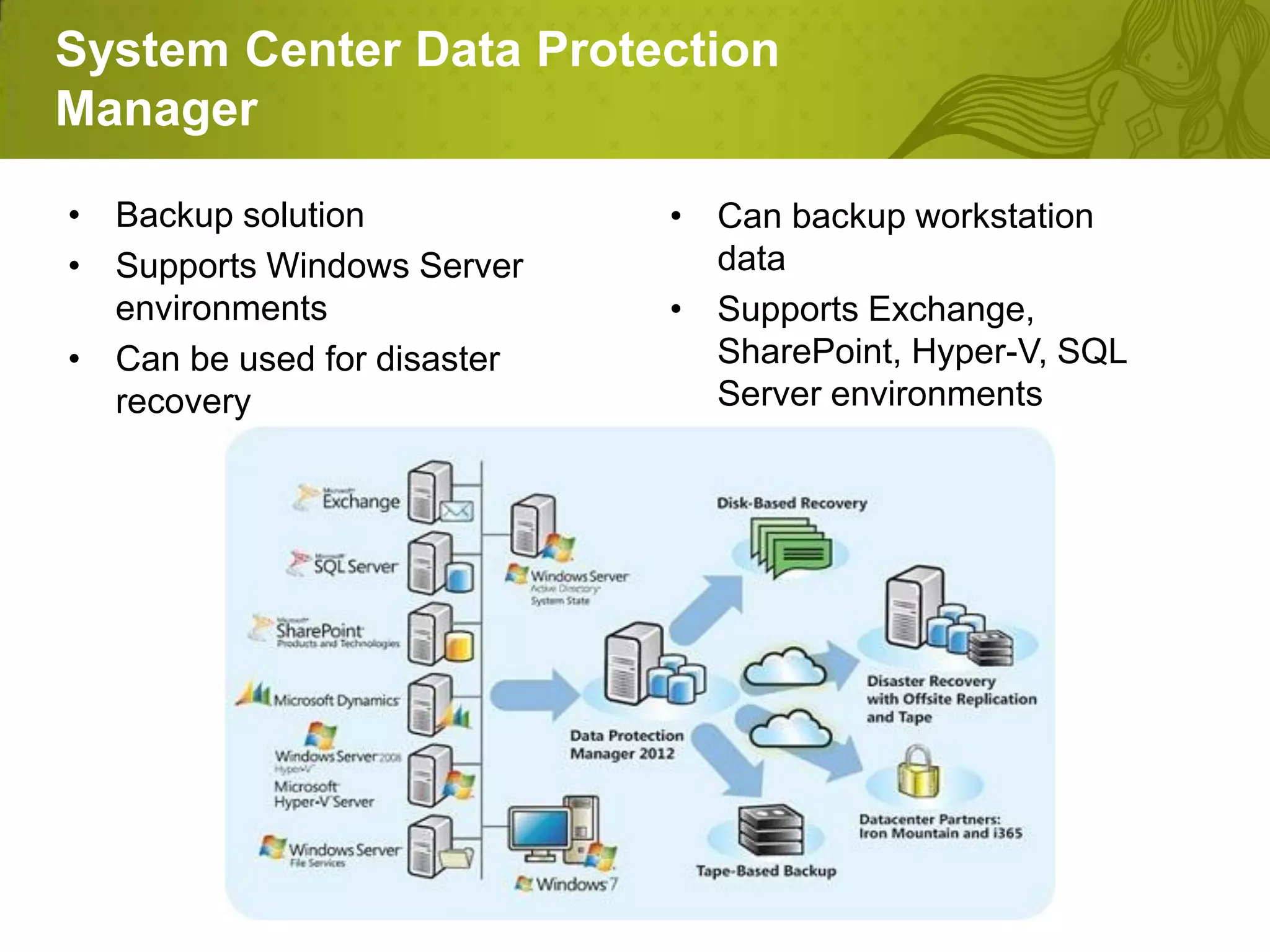 System Center Data Protection
Manager

• Backup solution            • Can backup workstation
• Supports Windows Server      data
  environments               • Supports Exchange,
• Can be used for disaster     SharePoint, Hyper-V, SQL
  recovery                     Server environments
 