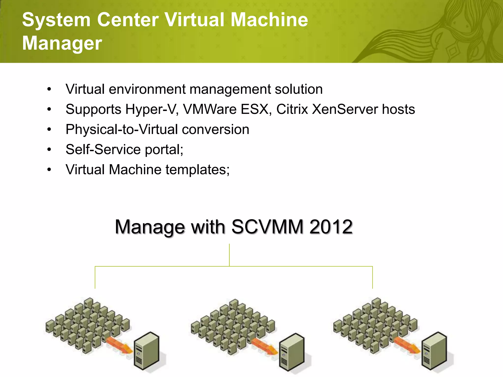 System Center Virtual Machine
Manager

  •   Virtual environment management solution
  •   Supports Hyper-V, VMWare ESX, Citrix XenServer hosts
  •   Physical-to-Virtual conversion
  •   Self-Service portal;
  •   Virtual Machine templates;



             Manage with SCVMM 2012
 