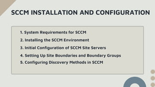 SCCM INSTALLATION AND CONFIGURATION
1. System Requirements for SCCM
2. Installing the SCCM Environment
3. Initial Configuration of SCCM Site Servers
4. Setting Up Site Boundaries and Boundary Groups
5. Configuring Discovery Methods in SCCM
 