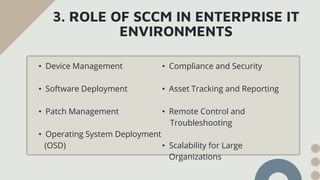 3. ROLE OF SCCM IN ENTERPRISE IT
ENVIRONMENTS
• Device Management
• Software Deployment
• Patch Management
• Operating System Deployment
(OSD)
• Compliance and Security
• Asset Tracking and Reporting
• Remote Control and
Troubleshooting
• Scalability for Large
Organizations
 