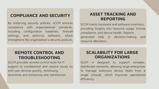 COMPLIANCE AND SECURITY
By enforcing security policies, SCCM ensures
compliance with organizational standards,
including configuration baselines, firewall
settings, and antivirus software, which
strengthens the organization’s security posture.
SCCM tracks hardware and software inventory,
providing insights into resource usage, license
compliance, and device health. Reports
generated help in decision-making and
resource allocation.
ASSET TRACKING AND
REPORTING
REMOTE CONTROL AND
TROUBLESHOOTING
SCCM provides remote control tools for IT
support to troubleshoot and resolve issues on
end-user devices quickly, minimizing
downtime and enhancing user satisfaction.
SCALABILITY FOR LARGE
ORGANIZATIONS
SCCM is designed to support complex,
distributed networks, allowing large enterprises
to manage extensive device fleets from a
single console, which improves operational
efficiency.
 