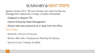 3232
SUMMARY&NEXTSTEPS
System Center 2012 R2 with Cireson can meet the Service
Management needs even in large, complex enterprises:
• Designed to Support ITIL
• Deliver Enterprise Asset Management
• Ensure users are productive at or away from the office
Next Steps
• Schedule a Proof-of-Concept
• Reduce Risk with a Deployment Planning Workshop
• System Center Training Available
 