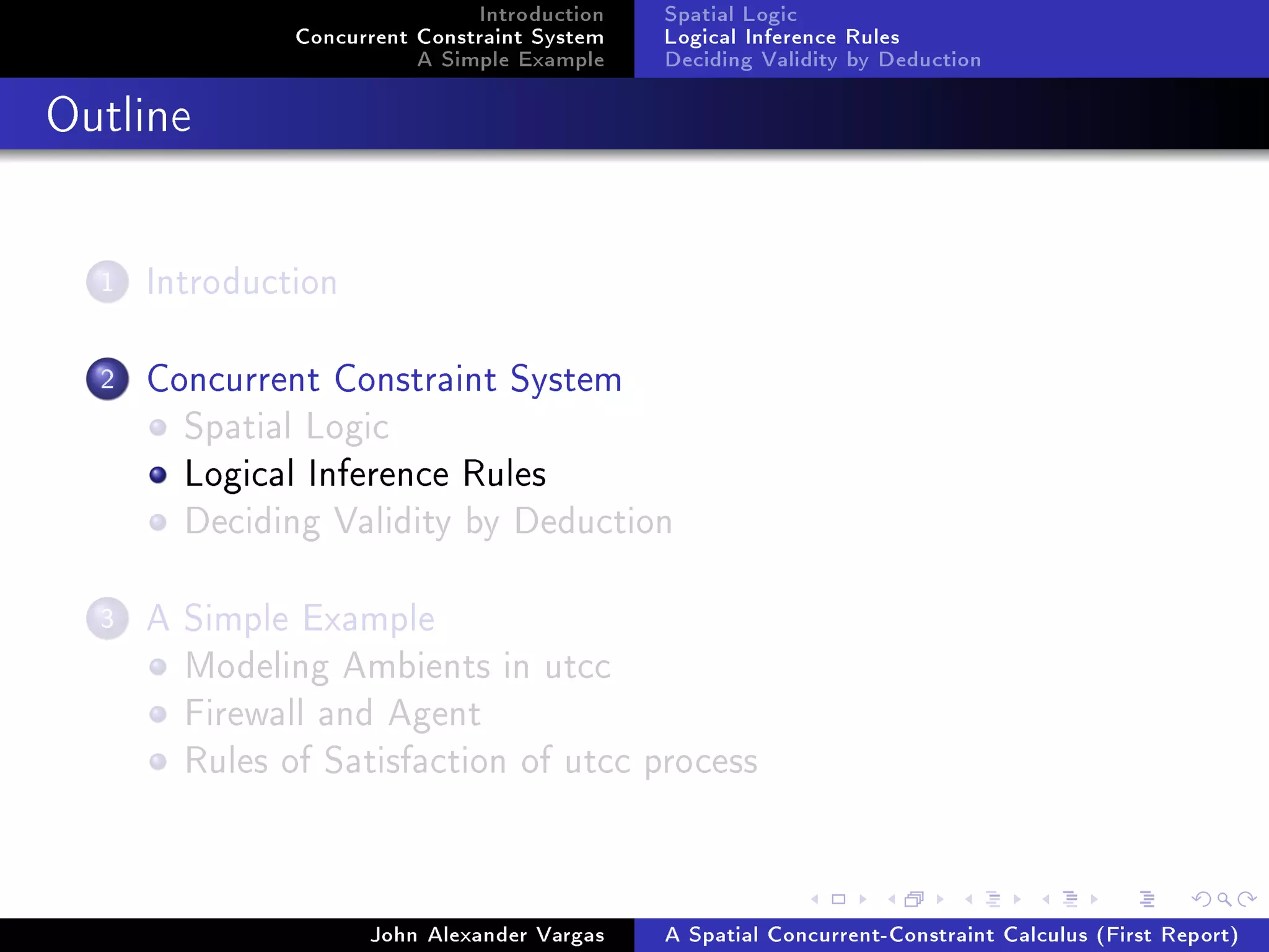 Introduction
Concurrent Constraint System
A Simple Example
Spatial Logic
Logical Inference Rules
Deciding Validity by Deduction
Outline
1 Introduction
2 Concurrent Constraint System
Spatial Logic
Logical Inference Rules
Deciding Validity by Deduction
3 A Simple Example
Modeling Ambients in utcc
Firewall and Agent
Rules of Satisfaction of utcc process
John Alexander Vargas A Spatial Concurrent-Constraint Calculus (First Report)
 