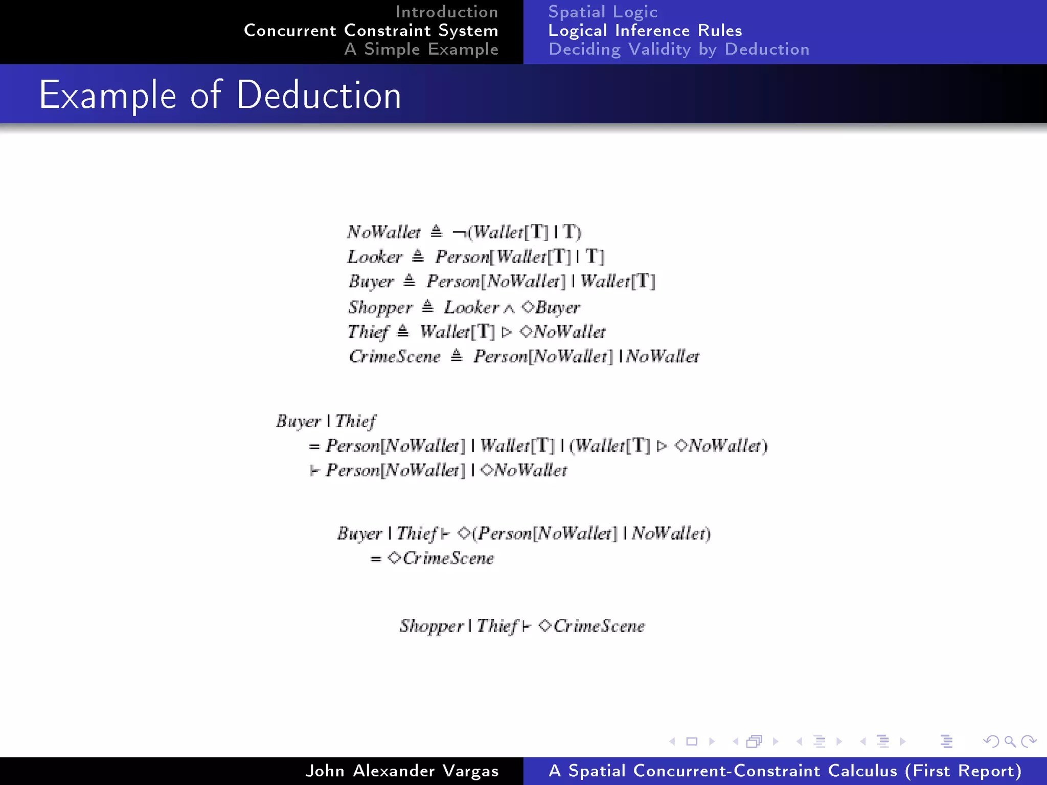 Introduction
Concurrent Constraint System
A Simple Example
Spatial Logic
Logical Inference Rules
Deciding Validity by Deduction
Example of Deduction
John Alexander Vargas A Spatial Concurrent-Constraint Calculus (First Report)
 