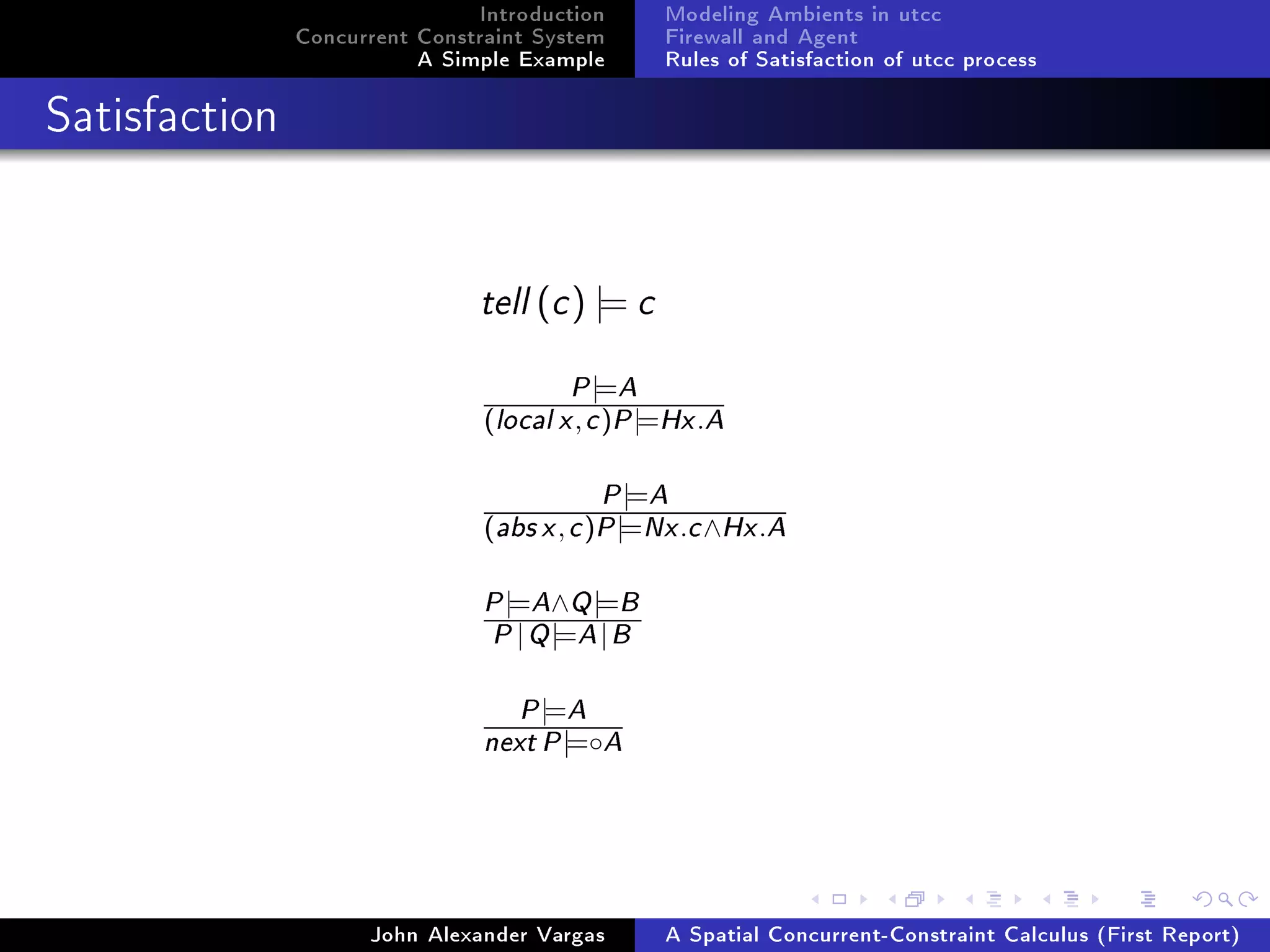 Introduction
Concurrent Constraint System
A Simple Example
Modeling Ambients in utcc
Firewall and Agent
Rules of Satisfaction of utcc process
Satisfaction
tell (c) |= c
P|=A
(localx,c)P|=Hx.A
P|=A
(absx,c)P|=Nx.c∧Hx.A
P|=A∧Q|=B
P|Q|=A|B
P|=A
nextP|=◦A
John Alexander Vargas A Spatial Concurrent-Constraint Calculus (First Report)
 