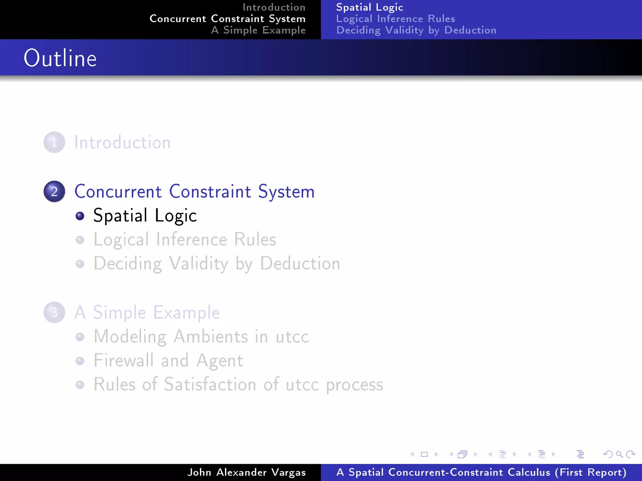 Introduction
Concurrent Constraint System
A Simple Example
Spatial Logic
Logical Inference Rules
Deciding Validity by Deduction
Outline
1 Introduction
2 Concurrent Constraint System
Spatial Logic
Logical Inference Rules
Deciding Validity by Deduction
3 A Simple Example
Modeling Ambients in utcc
Firewall and Agent
Rules of Satisfaction of utcc process
John Alexander Vargas A Spatial Concurrent-Constraint Calculus (First Report)
 