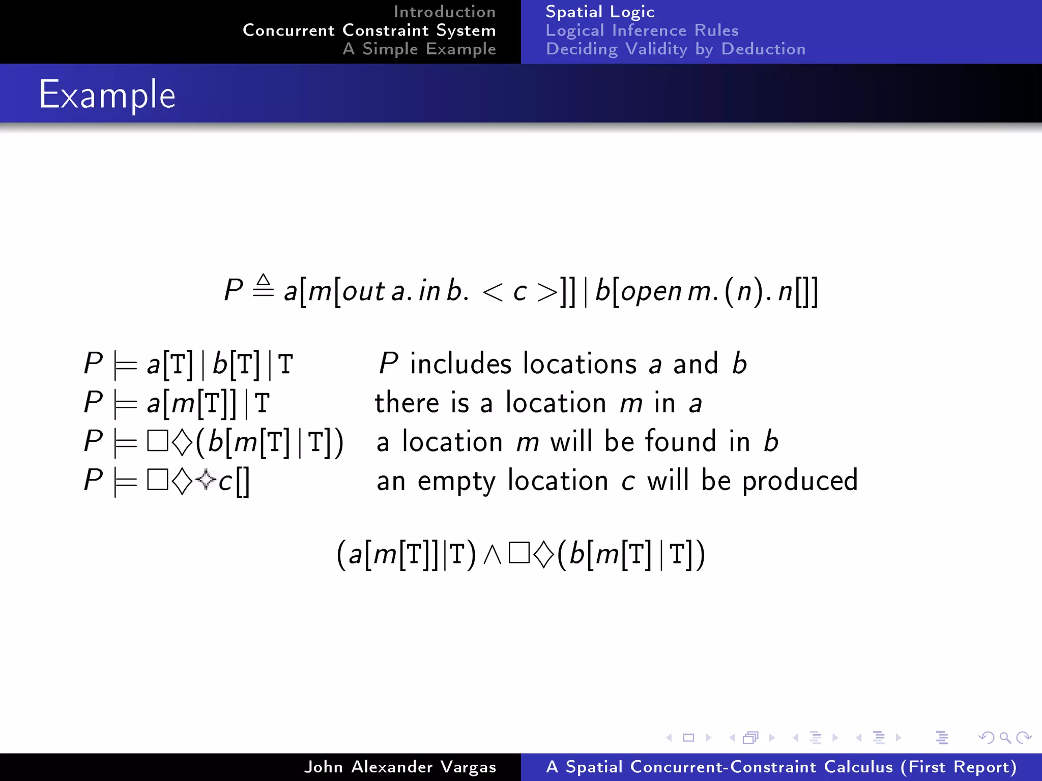 Introduction
Concurrent Constraint System
A Simple Example
Spatial Logic
Logical Inference Rules
Deciding Validity by Deduction
Example
P a[m[out a.inb.  c ]]|b[openm.(n).n[]]
P |= a[T]|b[T]|T P includes locations a and b
P |= a[m[T]]|T there is a location m in a
P |= ♦(b[m[T]|T]) a location m will be found in b
P |= ♦ c[] an empty location c will be produced
(a[m[T]]|T)∧ ♦(b[m[T]|T])
John Alexander Vargas A Spatial Concurrent-Constraint Calculus (First Report)
 