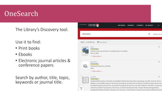 The Library’s Discovery tool.
Use it to find:
• Print books
• Ebooks
• Electronic journal articles &
conference papers
Search by author, title, topic,
keywords or journal title.
OneSearch
 
