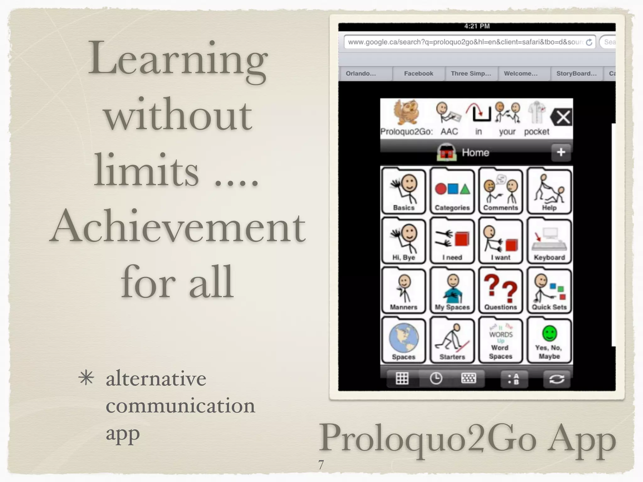 Learning
   without
  limits ....
Achievement
    for all
  alternative
  communication
  app             Proloquo2Go App
                  7
 