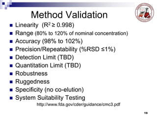Method Validation
 Linearity (R2 ≥ 0.998)
 Range (80% to 120% of nominal concentration)
 Accuracy (98% to 102%)
 Precision/Repeatability (%RSD ≤1%)
 Detection Limit (TBD)
 Quantitation Limit (TBD)
 Robustness
 Ruggedness
 Specificity (no co-elution)
 System Suitability Testing
http://www.fda.gov/cder/guidance/cmc3.pdf
19
 