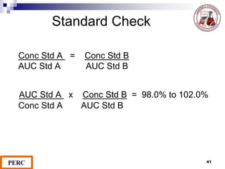 Standard Check
Conc Std A = Conc Std B
AUC Std A AUC Std B
AUC Std A x Conc Std B = 98.0% to 102.0%
Conc Std A AUC Std B
41
 