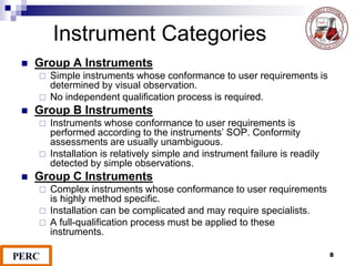8
Instrument Categories
 Group A Instruments
 Simple instruments whose conformance to user requirements is
determined by visual observation.
 No independent qualification process is required.
 Group B Instruments
 Instruments whose conformance to user requirements is
performed according to the instruments’ SOP. Conformity
assessments are usually unambiguous.
 Installation is relatively simple and instrument failure is readily
detected by simple observations.
 Group C Instruments
 Complex instruments whose conformance to user requirements
is highly method specific.
 Installation can be complicated and may require specialists.
 A full-qualification process must be applied to these
instruments.
 