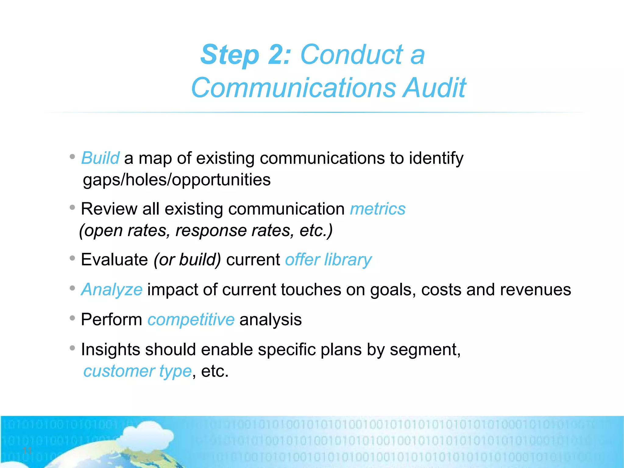 Step 2: Conduct a
Communications Audit
• Build a map of existing communications to identify
gaps/holes/opportunities
• Review all existing communication metrics
(open rates, response rates, etc.)
• Evaluate (or build) current offer library
• Analyze impact of current touches on goals, costs and revenues
• Perform competitive analysis
• Insights should enable specific plans by segment,
customer type, etc.
11
 