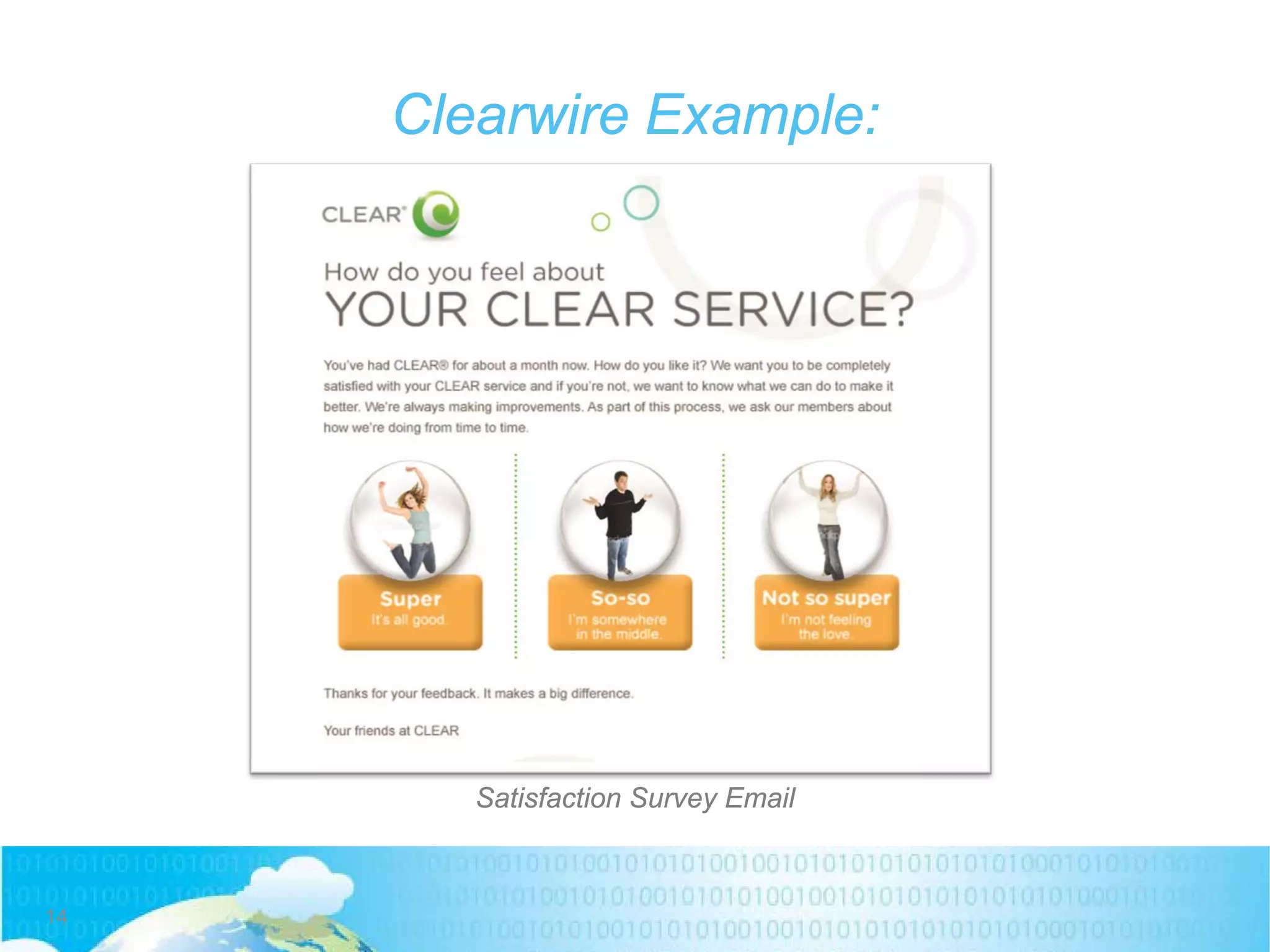 Clearwire Example:
14
Satisfaction Survey Email
 