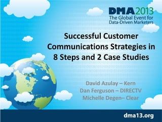 Successful Customer
Communications Strategies in
8 Steps and 2 Case Studies
David Azulay – Kern
Dan Ferguson – DIRECTV
Michelle Degen– Clear
 
