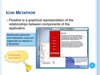 ICON METAPHOR
   Flowline is a graphical representation of the
    relationships between components of the
    application.
Multimedia elements
and interaction cues are
organized as objects in
a flowchart



    Authorware,
    IconAuthor?


                                                    12
 