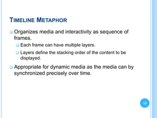 TIMELINE METAPHOR
   Organizes media and interactivity as sequence of
    frames.
       Each frame can have multiple layers.
       Layers define the stacking order of the content to be
        displayed.
   Appropriate for dynamic media as the media can by
    synchronized precisely over time.




                                                                13
 