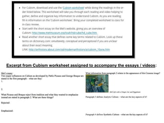 Excerpt from Cubism worksheet assigned to accompany the essays / videos:
 