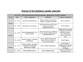 Extract of the Syllabus weekly calendar
 