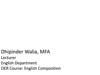 Dhipinder Walia, MFA
Lecturer
English Department
OER Course: English Composition
 