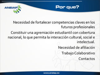 Por que?


   Necesidad de fortalecer competencias claves en los
                                   futuros profesionales
 Constituir una agremiación estudiantil con cobertura
nacional, lo que permita la interacción cultural, social e
                                             intelectual.
                                 Necesidad de afiliación
                                   Trabajo Colaborativo
                                              Contactos
 