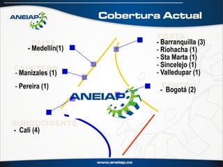 Cobertura Actual

                             COSTA
      PAISA                  - Barranquilla (3)
    - Medellín(1)            - Riohacha (1)
                             - Sta Marta (1)
CAFETERO                     - Sincelejo (1)
- Manizales (1)              - Valledupar (1)
- Pereira (1)                  CENTRO
                              - Bogotá (2)



SUROCCIDENTE
- Cali (4)
 