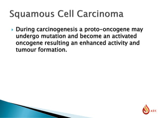  During carcinogenesis a proto-oncogene may
undergo mutation and become an activated
oncogene resulting an enhanced activity and
tumour formation.
 