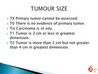  TX Primary tumor cannot be assessed.
 T0 There is no evidence of primary tumor.
 Tis Carcinoma is in situ.
 T1 Tumor is 2 cm or less in greatest
dimension.
 T2 Tumor is more than 2 cm but not greater
than 4 cm in greatest dimension.
28
 