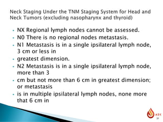 ▪ NX Regional lymph nodes cannot be assessed.
▪ N0 There is no regional nodes metastasis.
▪ N1 Metastasis is in a single ipsilateral lymph node,
3 cm or less in
▪ greatest dimension.
▪ N2 Metastasis is in a single ipsilateral lymph node,
more than 3
▪ cm but not more than 6 cm in greatest dimension;
or metastasis
▪ is in multiple ipsilateral lymph nodes, none more
that 6 cm in
31
 