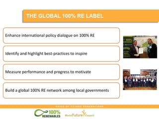 V O I C E O F F U T U R E G E N E R A T I O N S
Enhance international policy dialogue on 100% RE
Identify and highlight best-practices to inspire
Measure performance and progress to motivate
Build a global 100% RE network among local governments
THE GLOBAL 100% RE LABEL
 