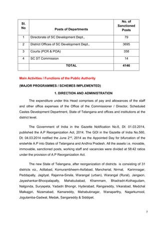 7
Sl.
No Posts of Departments
No. of
Sanctioned
Posts
1 Directorate of SC Development Dept., 79
2 District Offices of SC Development Dept., 3695
3 Courts (PCR & POA) 358
4 SC ST Commission 14
TOTAL 4146
Main Activities / Functions of the Public Authority
(MAJOR PROGRAMMES / SCHEMES IMPLEMENTED)
1. DIRECTION AND ADMINISTRATION
The expenditure under this Head comprises of pay and allowances of the staff
and other office expenses of the Office of the Commissioner / Director, Scheduled
Castes Development Department, State of Telangana and offices and institutions at the
district level.
The Government of India in the Gazette Notification No.6, Dt: 01.03.2014,
published the A.P Reorganization Act, 2014. The GOI in the Gazette of India No.560,
Dt: 04.03.2014 notified the June 2nd, 2014 as the Appointed Day for bifurcation of the
erstwhile A.P into States of Telangana and Andhra Pradesh. All the assets i.e. movable,
immovable, sanctioned posts, working staff and vacancies were divided at 58:42 ratios
under the provision of A.P Reorganization Act.
The new State of Telangana, after reorganization of districts is consisting of 31
districts viz., Adilabad, Komurambheem-Asifabad, Mancherial, Nirmal, Karimnagar,
Peddapally, Jagityal, Rajanna-Sirsila, Warangal (urban), Warangal (Rural), Jangaon,
Jayashankar-Bhoopalapally, Mahabubabad, Khammam, Bhadradri-Kothagudam,
Nalgonda, Suryapeta, Yadadri Bhongir, Hyderabad, Rangareddy, Vikarabad, Medchal
Malkajgiri, Nizamabad, Kamareddy, Mahabubnagar, Wanaparthy, Nagarkurnool,
Jogulamba-Gadwal, Medak, Sangareddy & Siddipet.
 