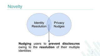 Novelty
18
‹#›
Nudging users to prevent disclosures
owing to the resolution of their multiple
identities
Identity
Resoluti...