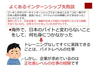 よくあるインターンシップ失敗談
¡海外で、⽇本のバイトと変わらないこと
をして、何も⾝につかなかった
トレーニングなしですぐに実践できる
ことは、バイトレベルの仕事
しかし、企業が求めているのは
正社員レベルの仕事の経験です
ワーキングホリデーやインターンシップでよくあることが「コピー取りや
⽇本⼈相⼿の接客、⽫洗いなど、バイトレベルの体験しかできなかった」
ということです。
海外に⾏って、⽇本企業で、機械や⽇本⼈や⽫だけを相⼿にビジネス体験
するくらいなら、⽇本でバイトをしていた⽅がマシです。
 