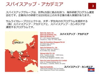 スパイスアップ・アカデミア
スパイスアップグループは、世界6カ国に拠点を持つ、海外研修プログラム運営
会社です。企業向けの研修では200社以上の⼤⼿企業の導⼊実績があります。
サムライカレープロジェクトは、⼤学・学⽣向けのプログラムを提供する
（株）スパイスアップ・アカデミアと、スパイスアップ・カンボジアが
運営するプログラムです。
スパイスアップ・アカデミア
3
スパイスアップ・カンボジア
 