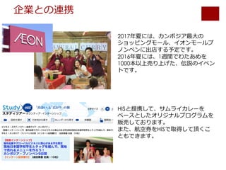 企業との連携
2017年夏には、カンボジア最⼤の
ショッピングモール、イオンモールプ
ノンペンに出店する予定です。
2016年夏には、1週間でわたあめを
1000本以上売り上げた、伝説のイベン
トです。
HISと提携して、サムライカレーを
ベースとしたオリジナルプログラムを
販売しております。
また、航空券をHISで取得して頂くこ
ともできます。
 