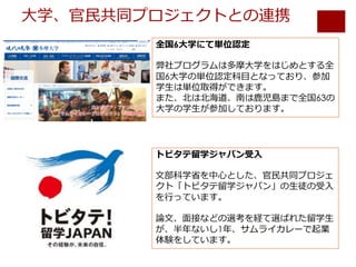 ⼤学、官⺠共同プロジェクトとの連携
全国6⼤学にて単位認定
弊社プログラムは多摩⼤学をはじめとする全
国6⼤学の単位認定科⽬となっており、参加
学⽣は単位取得ができます。
また、北は北海道、南は⿅児島まで全国63の
⼤学の学⽣が参加しております。
トビタテ留学ジャパン受⼊
⽂部科学省を中⼼とした、官⺠共同プロジェ
クト「トビタテ留学ジャパン」の⽣徒の受⼊
を⾏っています。
論⽂、⾯接などの選考を経て選ばれた留学⽣
が、半年ないし1年、サムライカレーで起業
体験をしています。
 