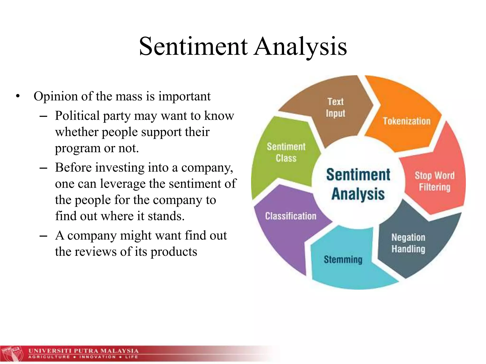 Sentiment Analysis
• Opinion of the mass is important
– Political party may want to know
whether people support their
program or not.
– Before investing into a company,
one can leverage the sentiment of
the people for the company to
find out where it stands.
– A company might want find out
the reviews of its products
 