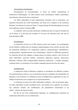 49
Anxiolytiques et hypnotiques :
Principalement les benzodiazépines, se fixent sur GABA, potentialisant la
transmission GABAérgique : les effets obtenus seront anxiolytiques, sédatifs, hypnotiques,
myorelaxants, anticonvulsivants et amnésiants.
Les effets indésirables les plus fréquemment rencontrés sont la somnolence, une
hypotonie musculaire par l’effet myorelaxant, une baisse de la vigilance et des sensations
ébrieuses, tous facteurs de risque de chutes. L’usage prolongé des benzodiazépines est associé
à de nombreuses chutes et fractures.(38)
Le zolpidem, selon une étude américaine, multiplie par deux le risque de fractures du
col du fémur, il ne fait donc pas exception et n’est pas une alternative plus sûre que les
benzodiazépines. (39)
Neuroleptiques
Le mécanisme d’action sur le SNC demeure encore mal compris : les neuroleptiques
ont des affinités variables pour les récepteurs dopaminergiques, leurs activités ont donc, dans
des proportions différentes, des composantes sédatives, antipsychotiques, désinhibitrices,
extrapyramidales, hypothermisantes et/ou antiémétiques. Traitant les différentes psychoses,
les molécules devront être adaptées à chaque patient de manière attentive, afin d’éviter les
effets indésirables : passivité, asthénie, somnolence, dépression, angoisse, réactivations
délirantes, confusion, effets extrapyramidaux (Parkinson, dyskinésies…) troubles cardiaques,
syndrome malin. La somnolence et les troubles cardiaques peuvent favoriser des chutes.
Antidépresseurs
La dépression résulte d’altérations complexes et simultanées des différents systèmes
de neurotransmission centraux, avec une diminution des taux synaptiques de noradrénaline, de
dopamine, et de sérotonine. Les différentes classes d’antidépresseurs augmentent ces taux, en
inhibant la destruction ou la recapture de ces neurotransmetteurs.
Le traitement est long et les effets indésirables nombreux ; chez les personnes âgées,
les effets indésirables les plus invalidants seront : des troubles de la vigilance, du sommeil,
une confusion mentale, des tremblements, des perturbations tensionnelles et du
rythme…facteurs de risques de chute.
Du fait de leur forte métabolisation hépatique, les antidépresseurs présentent de
nombreuses interactions avec les médicaments.
 