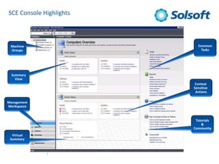 SCE Console HighlightsCommonTasksMachineGroupsSummaryViewContext Sensitive ActionsManagementWorkspacesTutorials&CommunityVirtualSummary